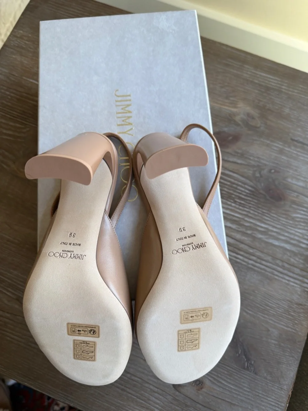 Jimmy Choo Beige Leather Slingback Heels with Gold Accent - Picture 4 of 4